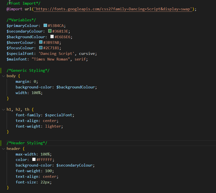 A screenshot from inside Visual studio code, showcasing the SCSS code to create the styling for the website