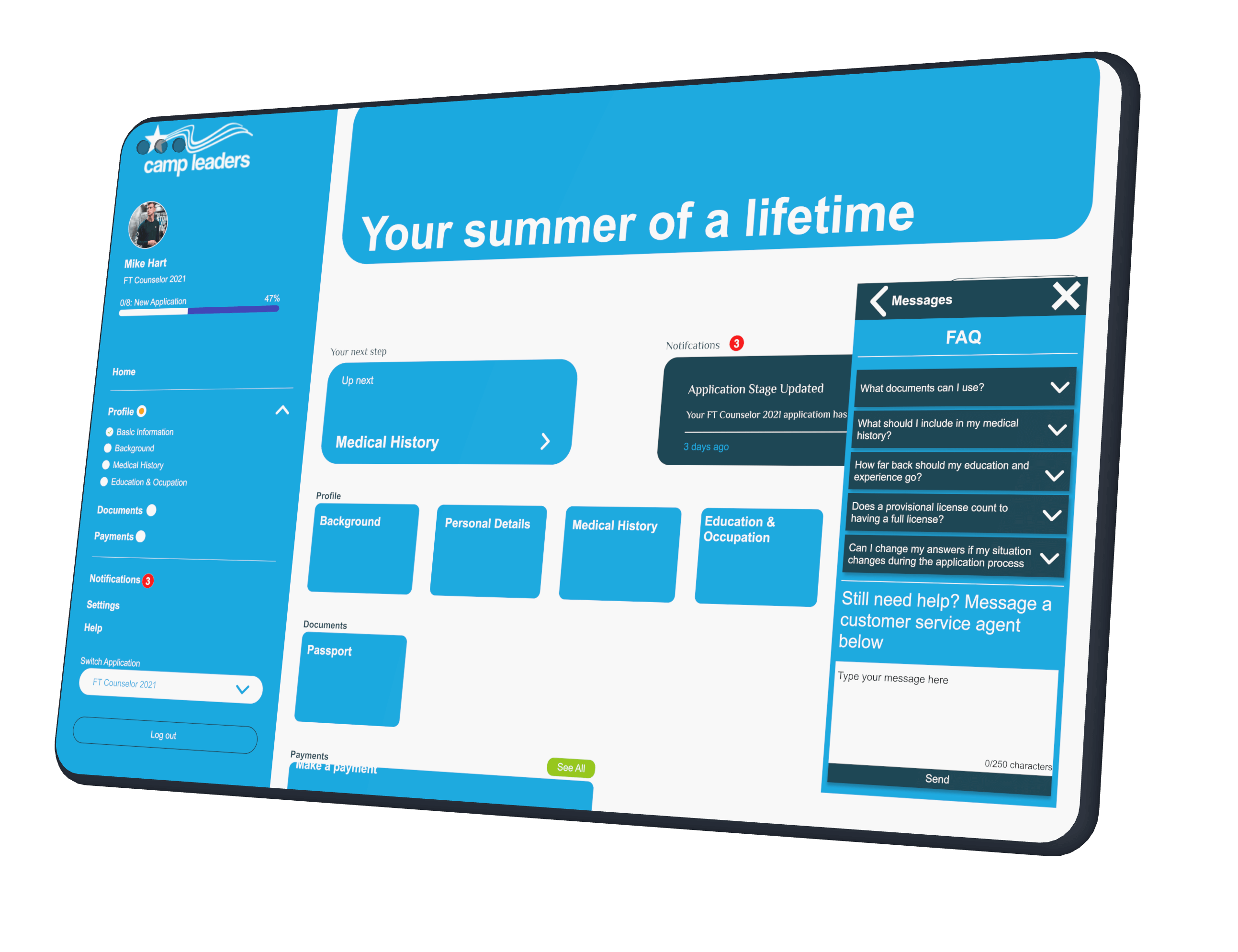 A tablet mockup showing a screenshot of the bespoke messaging app design