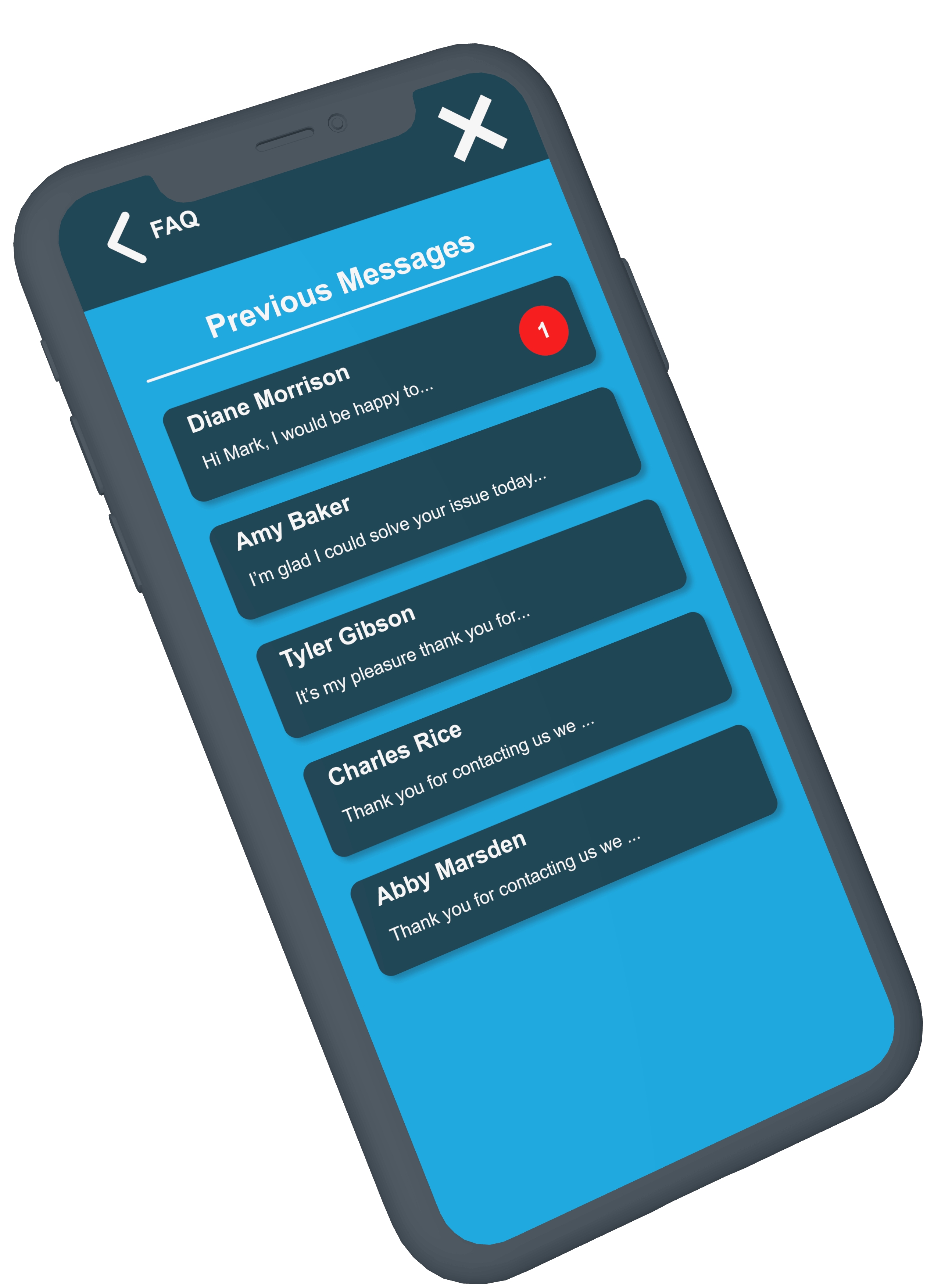 A phone mockup showing a previous messages page, with 5 message blocks, one of which is unread from Diane Morrison