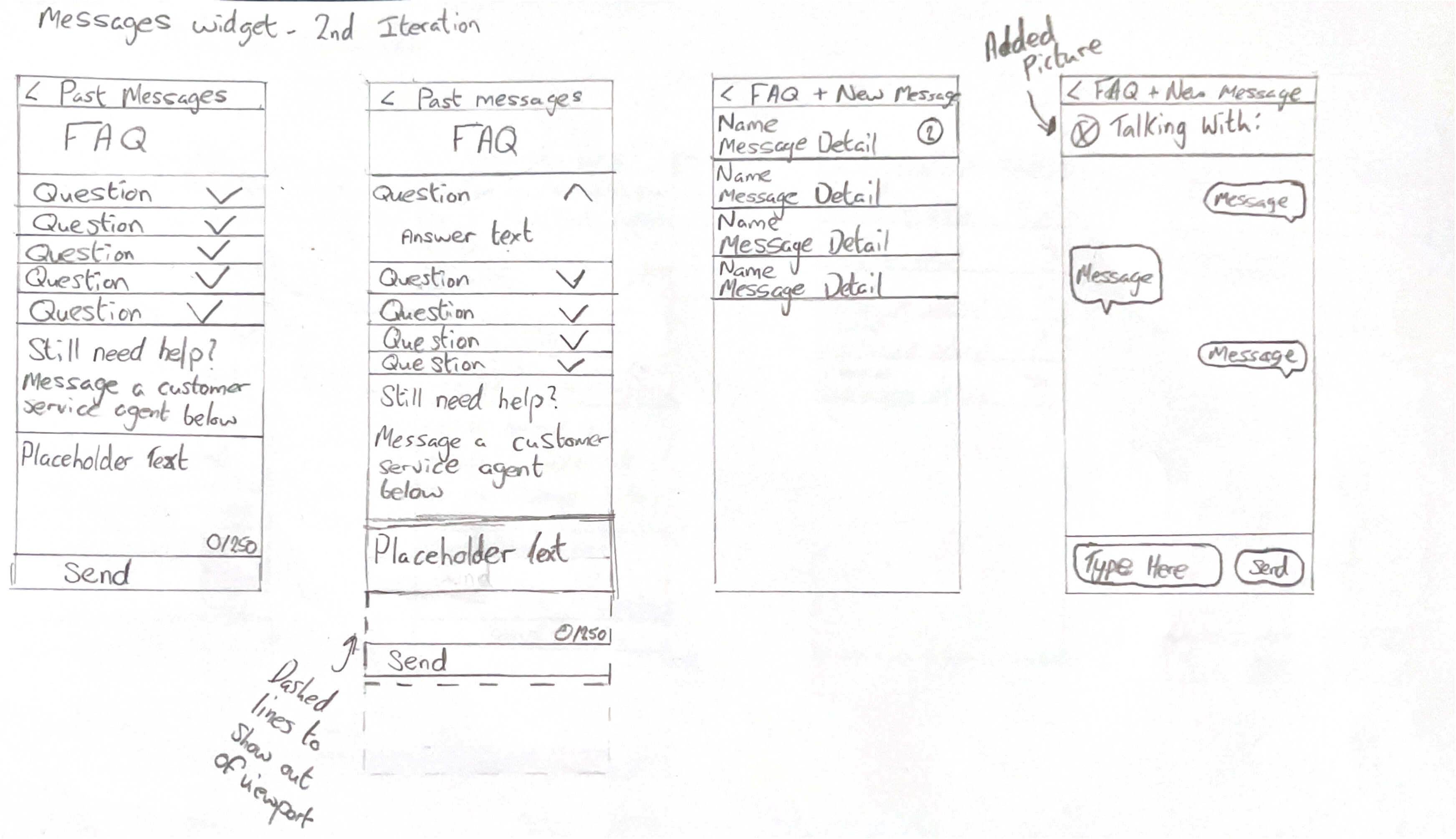 A scan of a page showing a second version wireframe, showcasing the three main screens a user would see